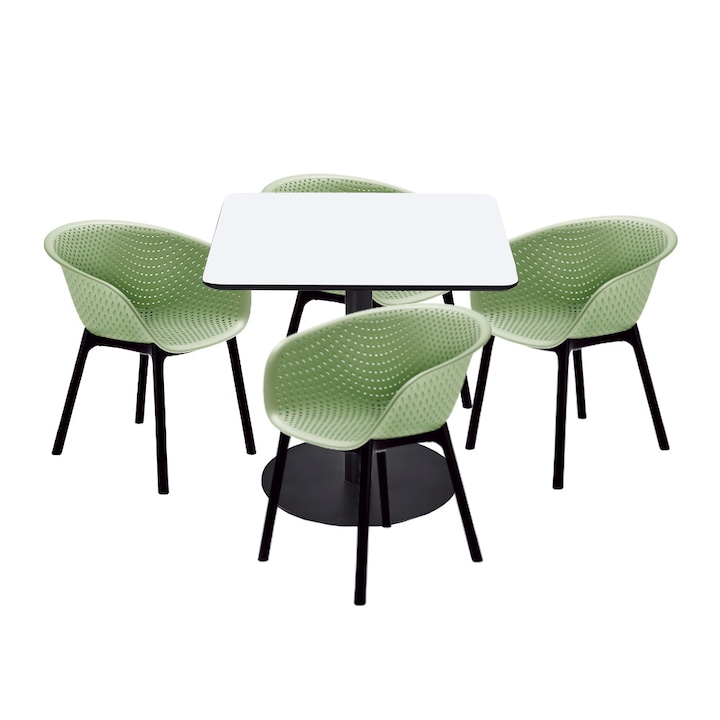 Set mobilier dining bucatarie RAKI masa patrata cu blat MDF melaminat 80x80x75cm cu 4 scaune tip fotoliu HAVANA verde