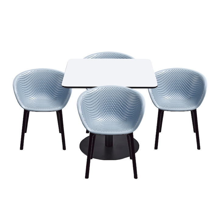 Set mobilier dining bucatarie RAKI masa patrata cu blat MDF melaminat 80x80x75cm cu 4 scaune tip fotoliu HAVANA albastru