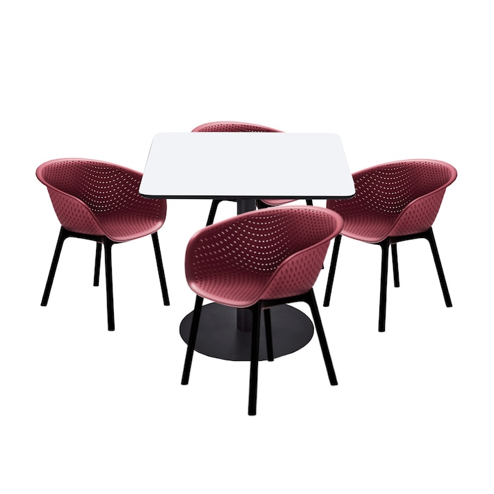 Set mobilier dining bucatarie RAKI masa patrata cu blat MDF melaminat 80x80x75cm cu 4 scaune tip fotoliu HAVANA bordo