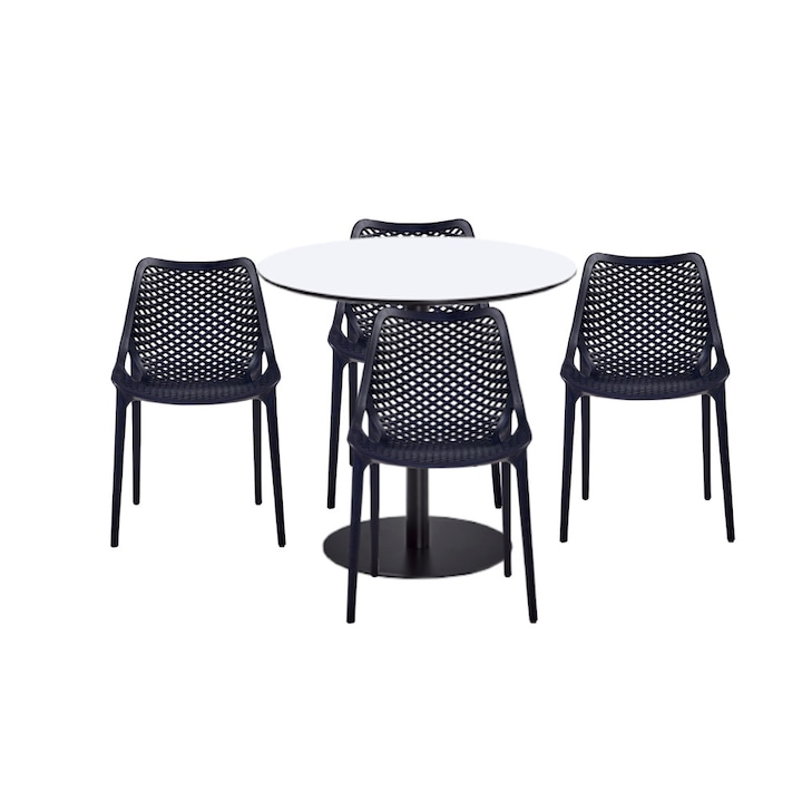 Set mobilier dining bucatarie RAKI masa rotunda cu blat MDF melaminat 80x75cm cu 4 scaune LONDON AIR negre