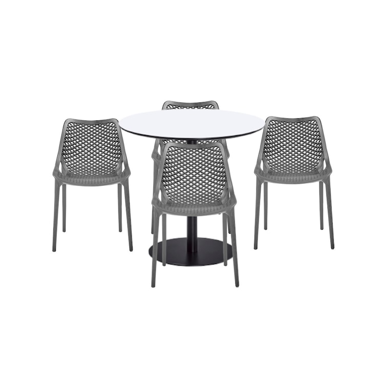 Set mobilier dining bucatarie RAKI masa rotunda cu blat MDF melaminat 80x75cm cu 4 scaune LONDON AIR gri