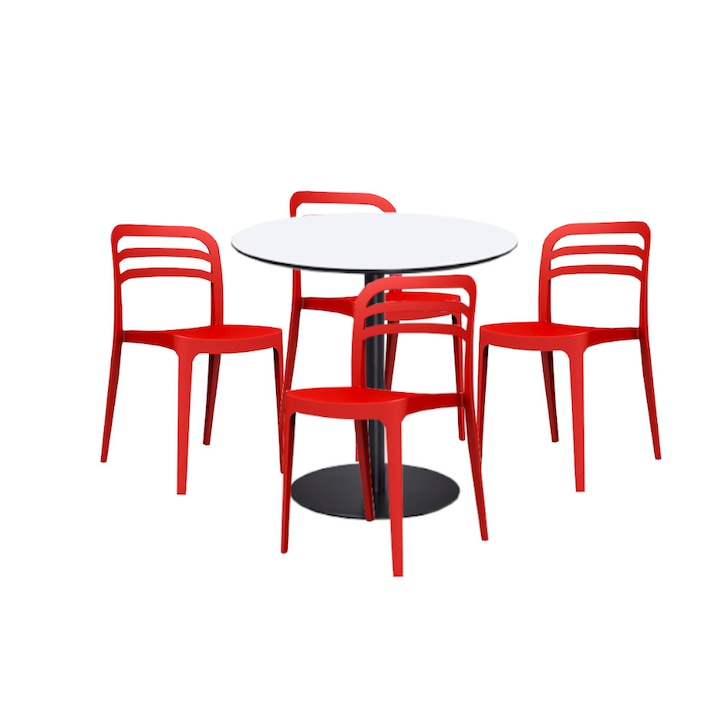 Set mobilier dining bucatarie RAKI masa rotunda cu blat MDF melaminat 80x75cm cu 4 scaune Aspen rosii