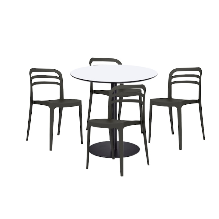 Set mobilier dining bucatarie RAKI masa rotunda cu blat MDF melaminat 80x75cm cu 4 scaune Aspen negre