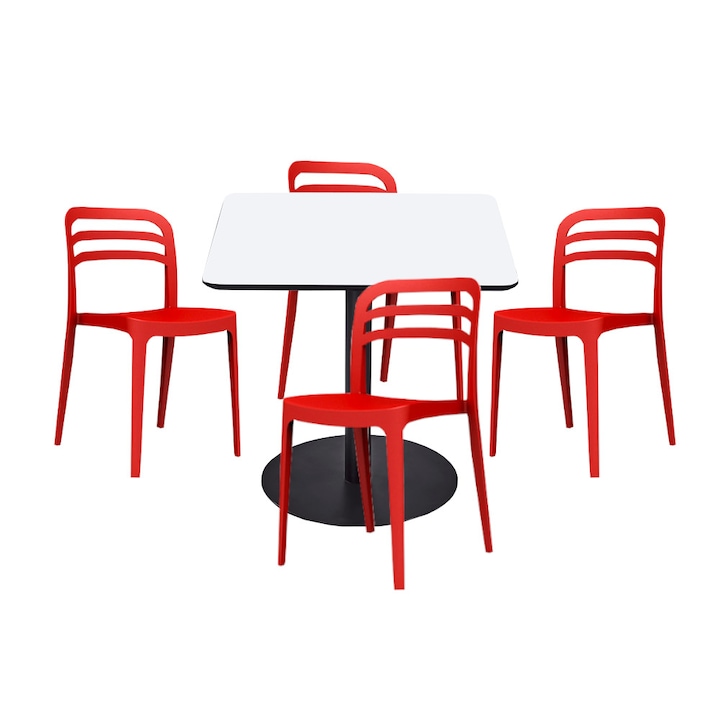 Set mobilier dining bucatarie RAKI masa patrata cu blat MDF melaminat 80x80x75cm cu 4 scaune Aspen rosii