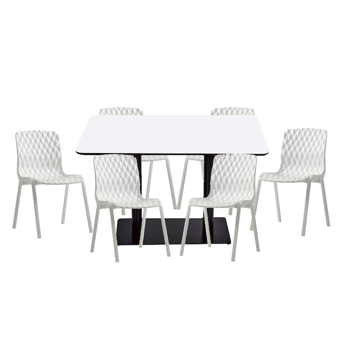 Set mobilier dining bucatarie RAKI masa dreptunghiulara cu blat MDF melaminat 120x80x75cm cu 6 scaune Royal albe