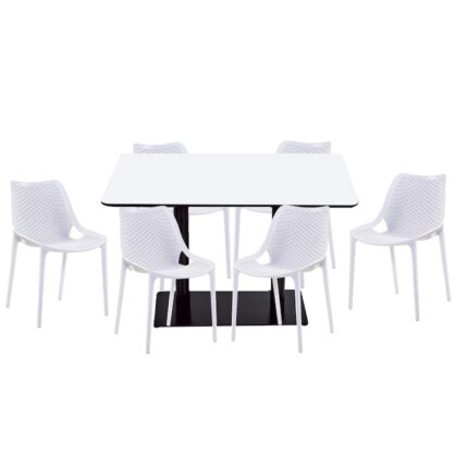 Set mobilier dining bucatarie RAKI masa dreptunghiulara cu blat MDF melaminat 120x80x75cm cu 6 scaune LONDON AIR albe