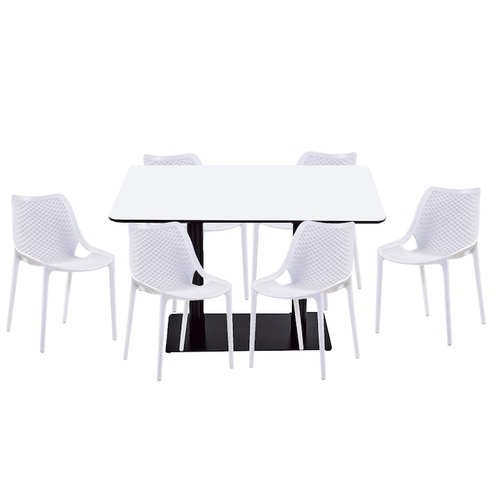 Set mobilier dining bucatarie RAKI masa dreptunghiulara cu blat MDF melaminat 120x80x75cm cu 6 scaune LONDON AIR albe