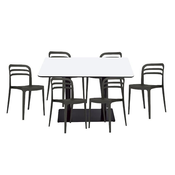 Set mobilier dining bucatarie RAKI masa dreptunghiulara cu blat MDF melaminat 120x80x75cm cu 6 scaune Aspen negre