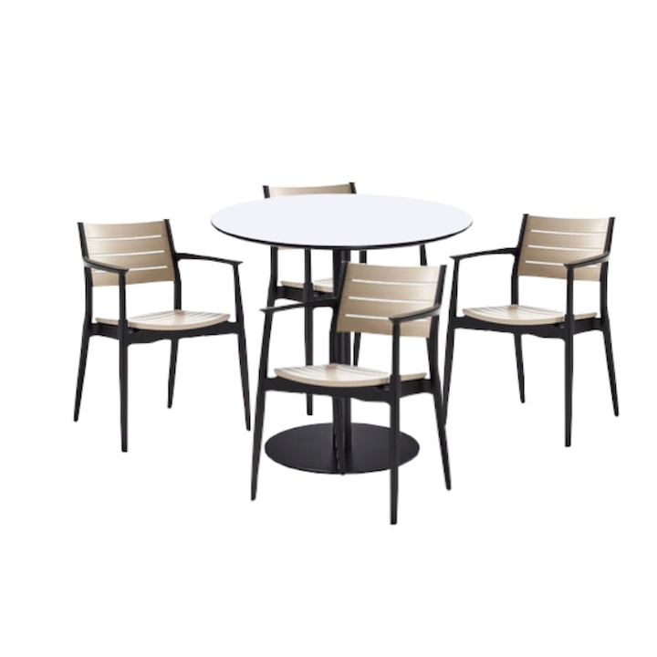 Set mobilier dining bucatarie RAKI masa rotunda cu blat MDF melaminat 80x75cm cu 4 scaune REGNUM maro x capucino