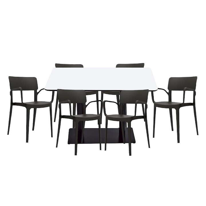 Set mobilier dining bucatarie RAKI masa dreptunghiulara cu blat MDF melaminat 120x80x75cm cu 6 scaune Panora negre