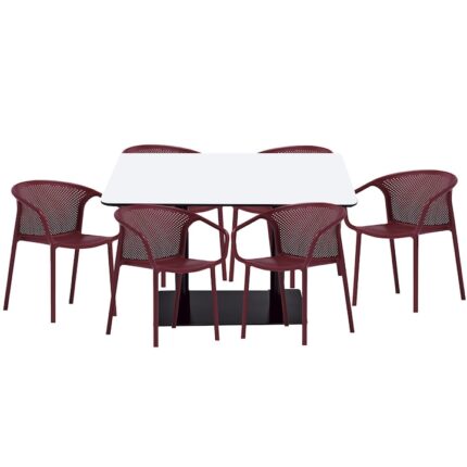 Set mobilier dining bucatarie RAKI masa dreptunghiulara cu blat MDF melaminat 120x80x75cm cu 6 scaune cu spatar rotunjit CHICAGO bordo