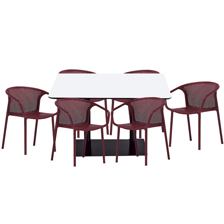 Set mobilier dining bucatarie RAKI masa dreptunghiulara cu blat MDF melaminat 120x80x75cm cu 6 scaune cu spatar rotunjit CHICAGO bordo