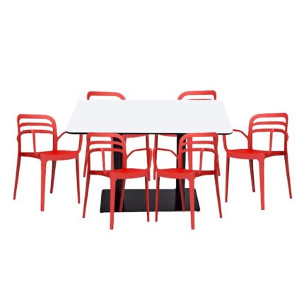 Set mobilier dining bucatarie RAKI masa dreptunghiulara cu blat MDF melaminat 120x80x75cm cu 6 scaune Aspendos rosii