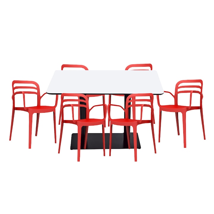 Set mobilier dining bucatarie RAKI masa dreptunghiulara cu blat MDF melaminat 120x80x75cm cu 6 scaune Aspendos rosii