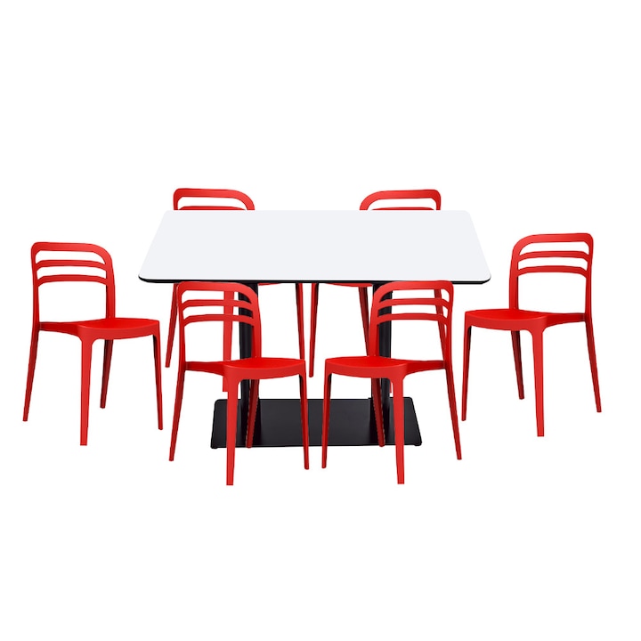 Set mobilier dining bucatarie RAKI masa dreptunghiulara cu blat MDF melaminat 120x80x75cm cu 6 scaune Aspen rosii
