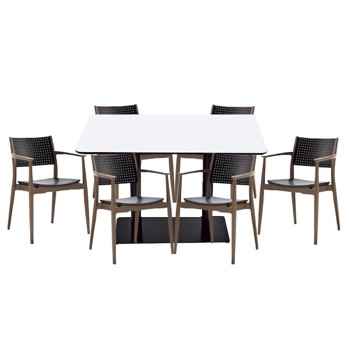 Set mobilier dining bucatarie RAKI masa dreptunghiulara cu blat MDF melaminat 120x80x75cm cu 6 scaune SEGINIUS maro bej