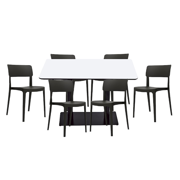 Set mobilier dining bucatarie RAKI masa dreptunghiulara cu blat MDF melaminat 120x80x75cm cu 6 scaune Pano negre