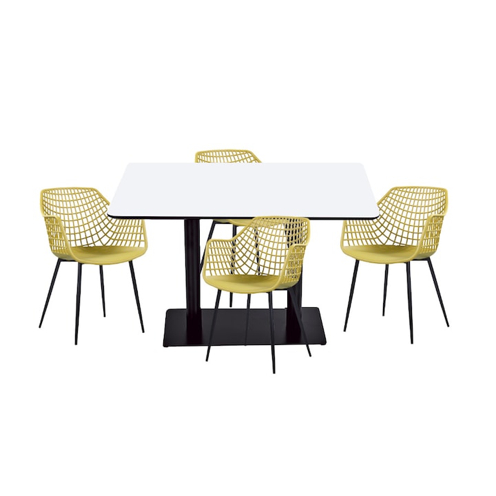 Set mobilier dining bucatarie RAKI masa dreptunghiulara cu blat MDF melaminat 120x80x75cm cu 4 scaune TOYAMA galben negru
