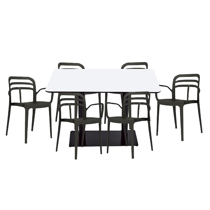 Set mobilier dining bucatarie RAKI masa dreptunghiulara cu blat MDF melaminat 120x80x75cm cu 6 scaune Aspendos negre