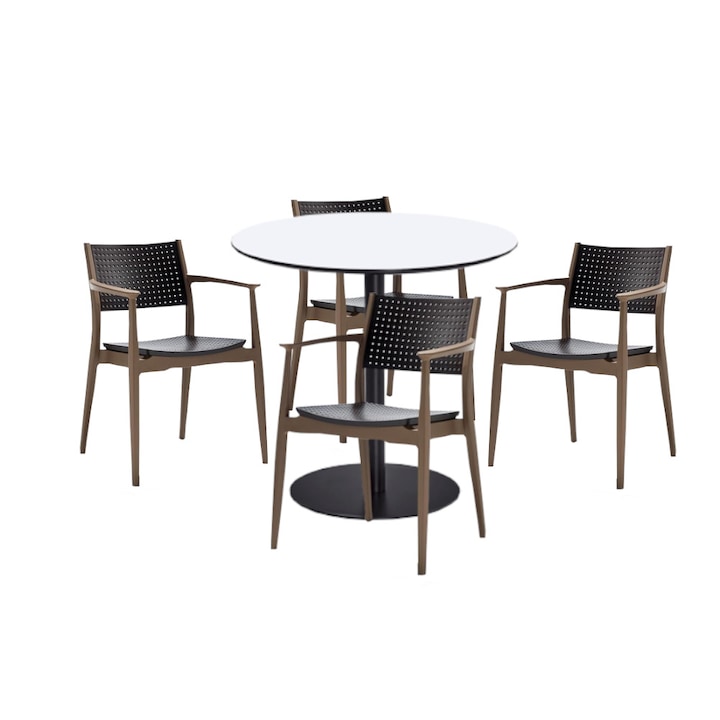 Set mobilier dining bucatarie RAKI masa rotunda cu blat MDF melaminat 80x75cm cu 4 scaune SEGINIUS maro bej