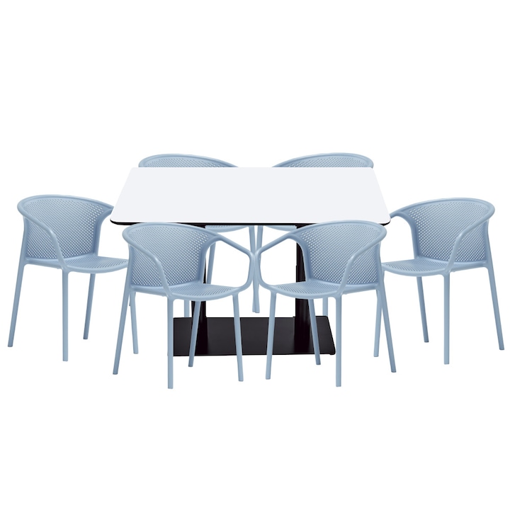 Set mobilier dining bucatarie RAKI masa dreptunghiulara cu blat MDF melaminat 120x80x75cm cu 6 scaune cu spatar rotunjit CHICAGO albastru