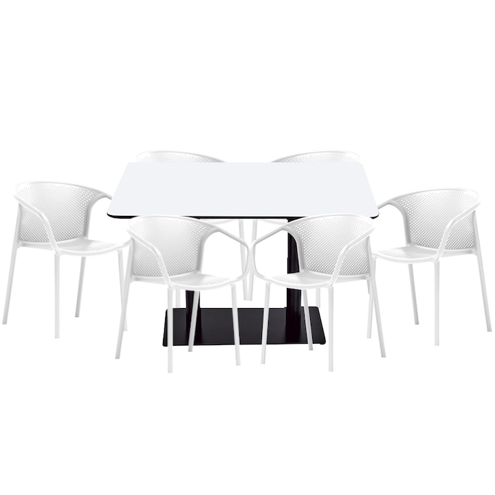 Set mobilier dining bucatarie RAKI masa dreptunghiulara cu blat MDF melaminat 120x80x75cm cu 6 scaune cu spatar rotunjit CHICAGO alb