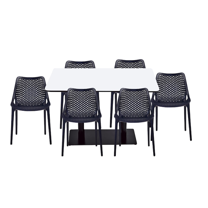 Set mobilier dining bucatarie RAKI masa dreptunghiulara cu blat MDF melaminat 120x80x75cm cu 6 scaune LONDON AIR negre