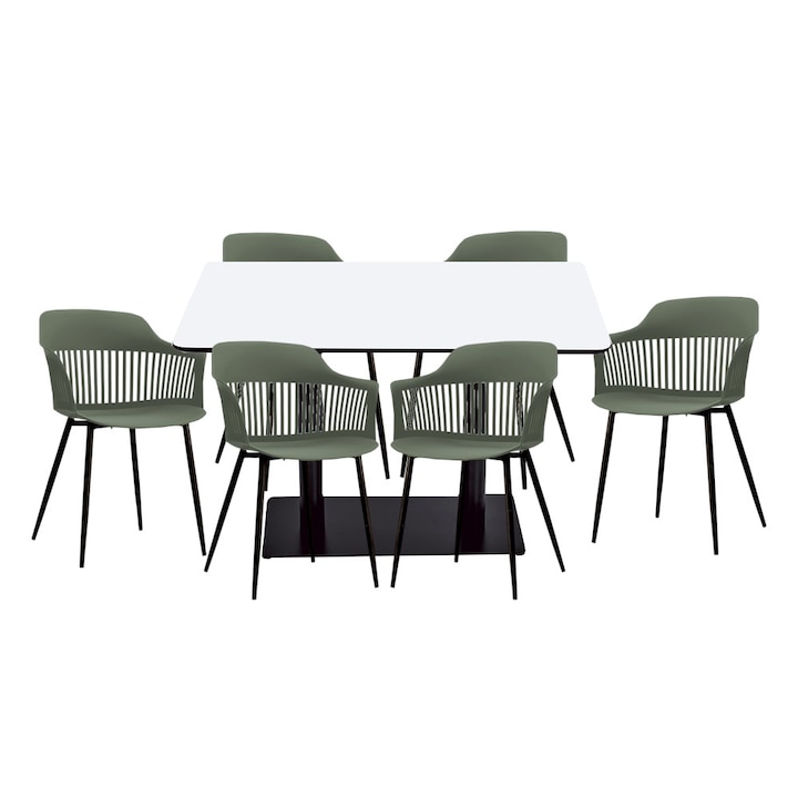 Set mobilier dining bucatarie RAKI masa dreptunghiulara cu blat MDF melaminat 120x80x75cm cu 6 scaune Florida 53x59x81cm verde negru
