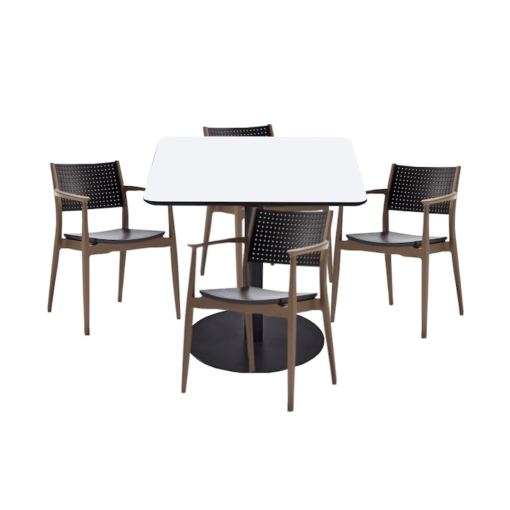 Set mobilier dining bucatarie RAKI masa patrata cu blat MDF melaminat 80x80x75cm cu 4 scaune SEGINIUS maro bej
