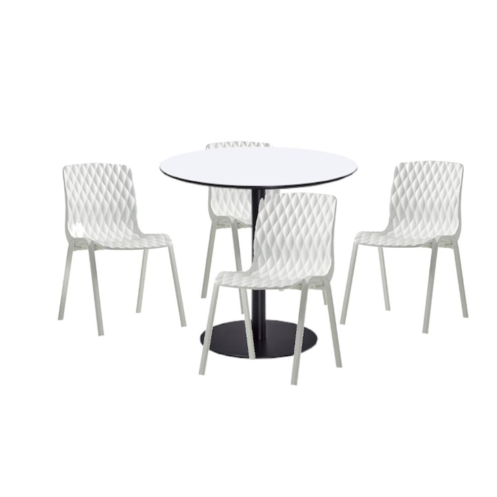Set mobilier dining bucatarie RAKI masa rotunda cu blat MDF melaminat 80x75cm cu 4 scaune Royal albe