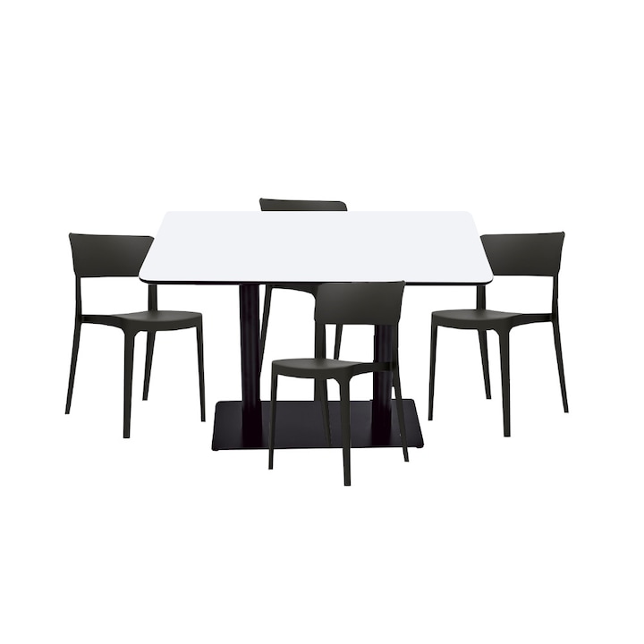 Set mobilier dining bucatarie RAKI masa dreptunghiulara cu blat MDF melaminat 120x80x75cm cu 4 scaune Pano negre