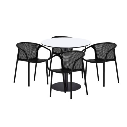 Set mobilier dining bucatarie RAKI masa rotunda cu blat MDF melaminat 80x75cm cu 4 scaune cu spatar rotunjit CHICAGO negru