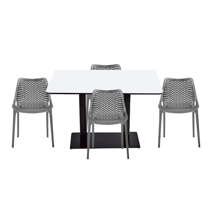 Set mobilier dining bucatarie RAKI masa dreptunghiulara cu blat MDF melaminat 120x80x75cm cu 4 scaune LONDON AIR gri