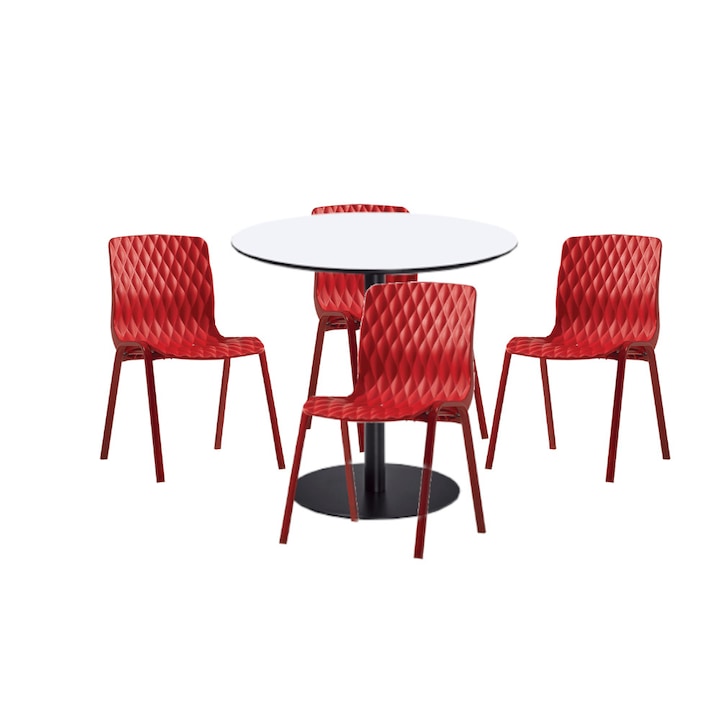 Set mobilier dining bucatarie RAKI masa rotunda cu blat MDF melaminat 80x75cm cu 4 scaune Royal rosii