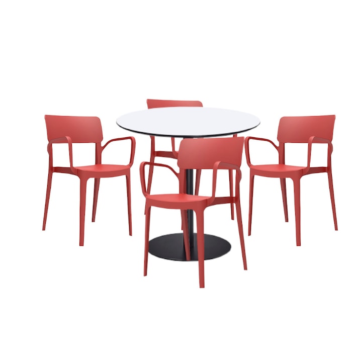 Set mobilier dining bucatarie RAKI masa rotunda cu blat MDF melaminat 80x75cm cu 4 scaune Panora rosii
