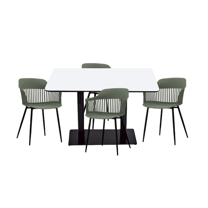 Set mobilier dining bucatarie RAKI masa dreptunghiulara cu blat MDF melaminat 120x80x75cm cu 4 scaune Florida 53x59x81cm verde negru