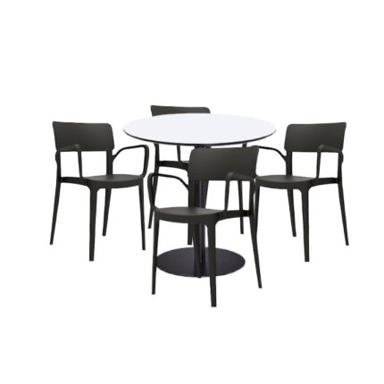 Set mobilier dining bucatarie RAKI masa rotunda cu blat MDF melaminat 80x75cm cu 4 scaune Panora negre