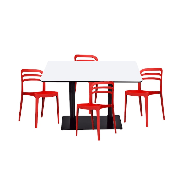 Set mobilier dining bucatarie RAKI masa dreptunghiulara cu blat MDF melaminat 120x80x75cm cu 4 scaune Aspen rosii
