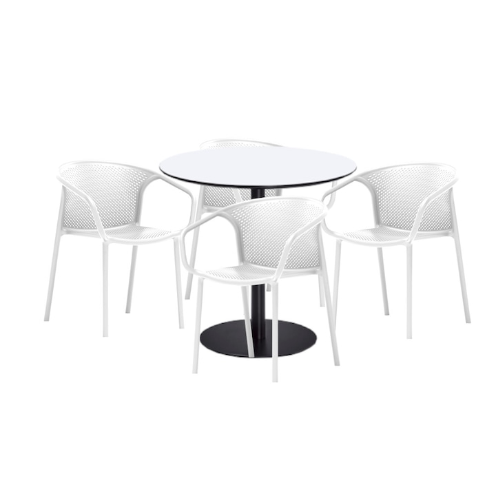 Set mobilier dining bucatarie RAKI masa rotunda cu blat MDF melaminat 80x75cm cu 4 scaune cu spatar rotunjit CHICAGO alb