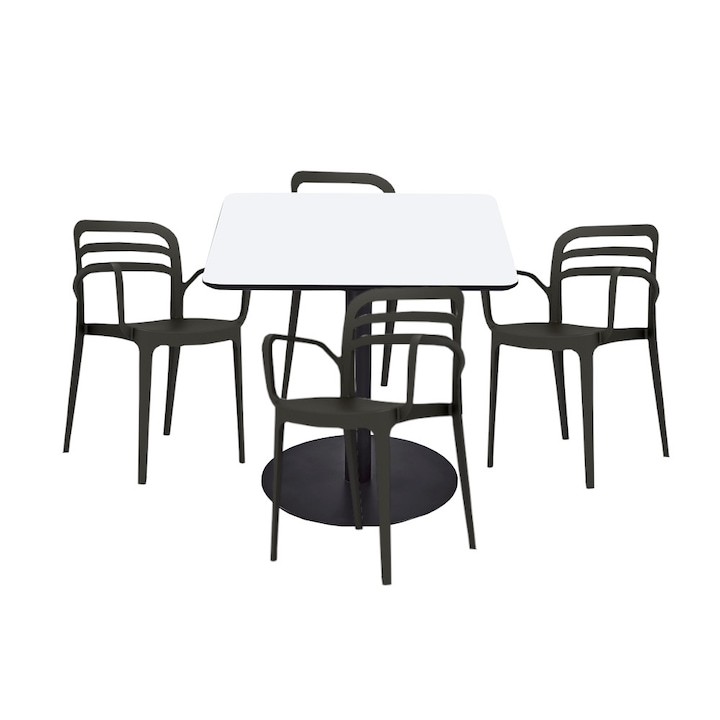 Set mobilier dining bucatarie RAKI masa patrata cu blat MDF melaminat 80x80x75cm cu 4 scaune Aspendos negre