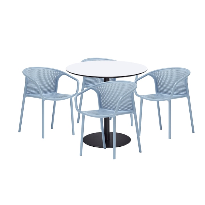 Set mobilier dining bucatarie RAKI masa rotunda cu blat MDF melaminat 80x75cm cu 4 scaune cu spatar rotunjit CHICAGO albastru