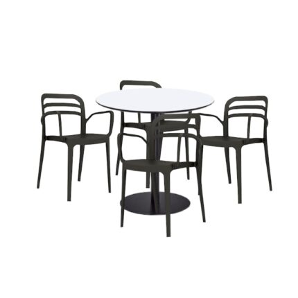 Set mobilier dining bucatarie RAKI masa rotunda cu blat MDF melaminat 80x75cm cu 4 scaune Aspendos negre
