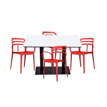 Set mobilier dining bucatarie RAKI masa dreptunghiulara cu blat MDF melaminat 120x80x75cm cu 4 scaune Aspendos rosii