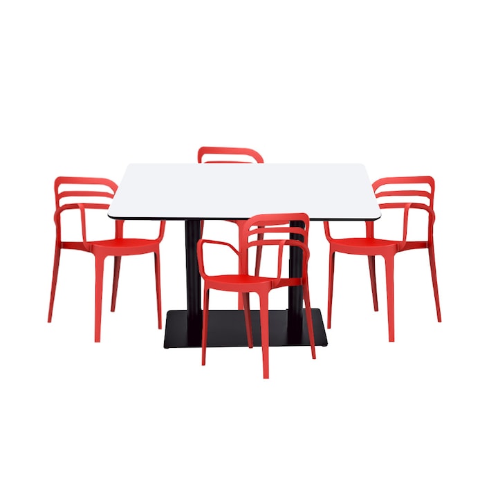 Set mobilier dining bucatarie RAKI masa dreptunghiulara cu blat MDF melaminat 120x80x75cm cu 4 scaune Aspendos rosii