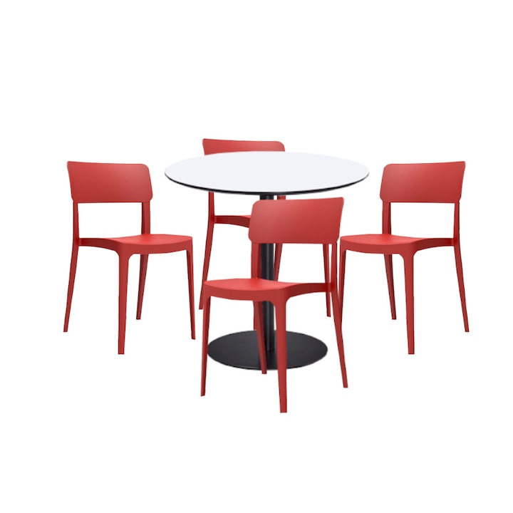 Set mobilier dining bucatarie RAKI masa rotunda cu blat MDF melaminat 80x75cm cu 4 scaune Pano rosii
