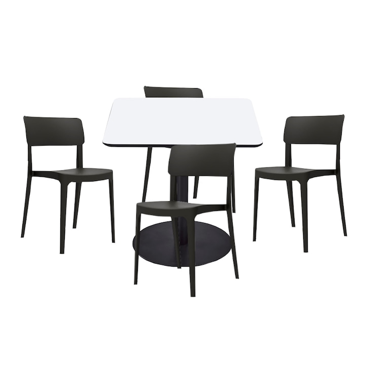 Set mobilier dining bucatarie RAKI masa patrata cu blat MDF melaminat 80x80x75cm cu 4 scaune Pano negre