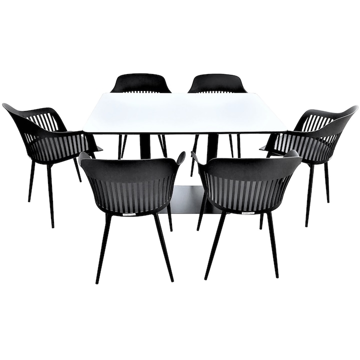 Set mobilier dining bucatarie RAKI masa dreptunghiulara cu blat MDF melaminat 120x80x75cm cu 6 scaune Florida 53x59x81cm negru