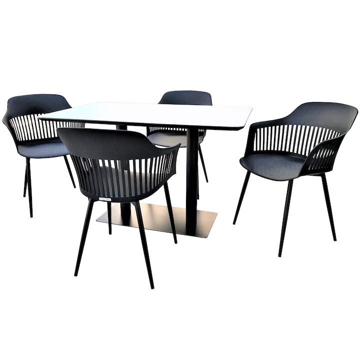 Set mobilier dining bucatarie RAKI masa dreptunghiulara cu blat MDF melaminat 120x80x75cm cu 4 scaune Florida 53x59x81cm negru