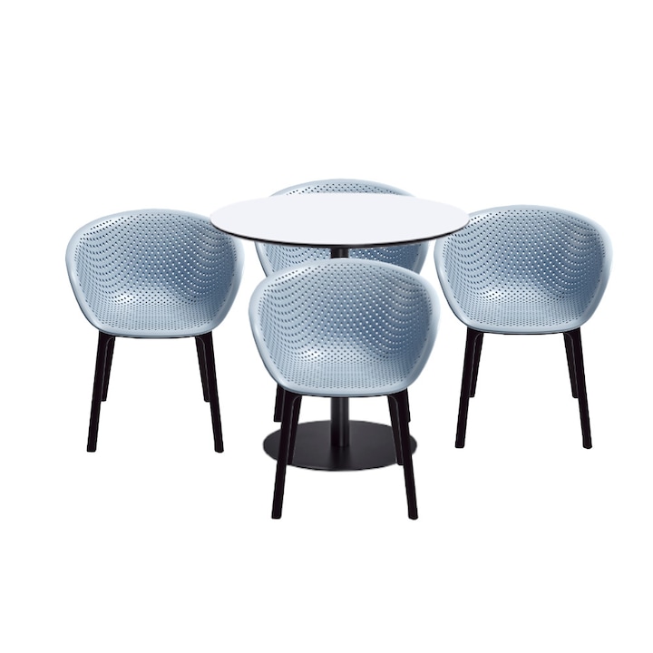 Set mobilier dining bucatarie RAKI masa rotunda cu blat MDF melaminat 80x75cm cu 4 scaune tip fotoliu HAVANA albastru