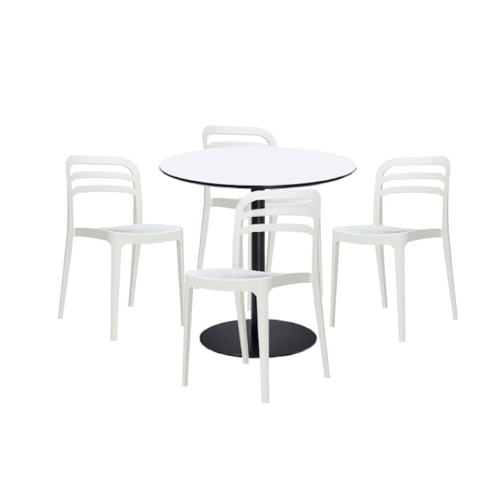 Set mobilier dining bucatarie RAKI masa rotunda cu blat MDF melaminat 80x75cm cu 4 scaune Aspen albe